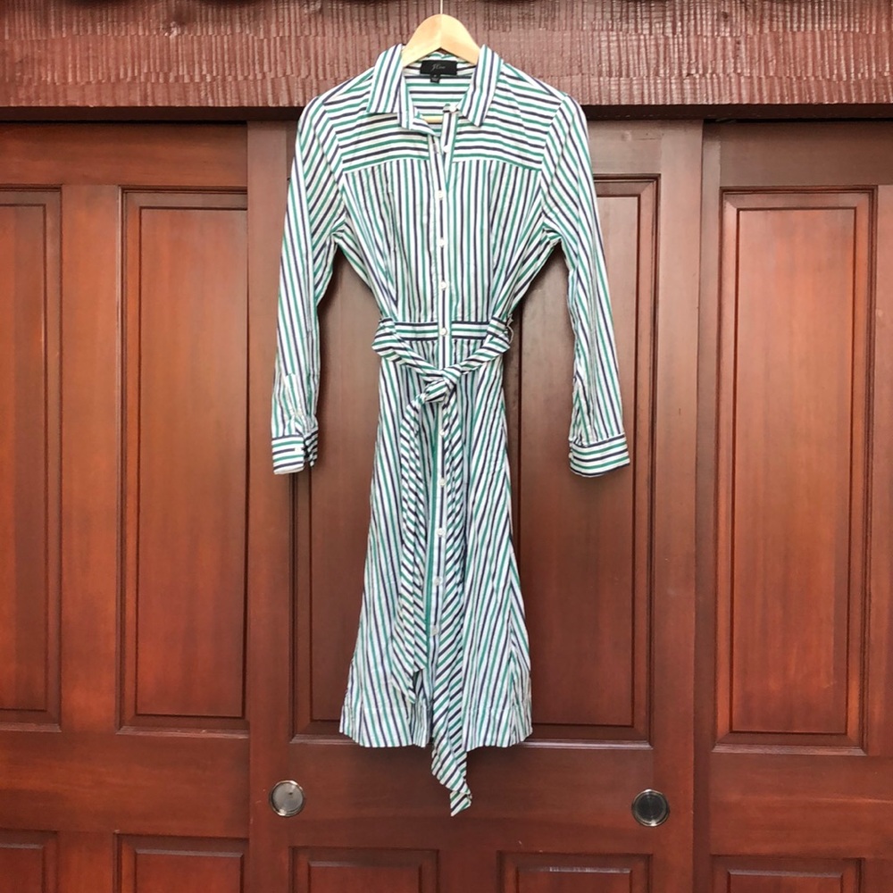 J. Crew blue, green, and white t-shirt dress.